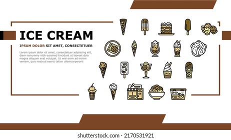 Ice Cream Delicious Dessert Food Landing Web Page Header Banner Template Vector. Strawberry Cherry Fruit Ice Cream, Frozen Yogurt Juice. Waffle Cone Cake Sweet Nutrition Chocolate Vanilla Illustration