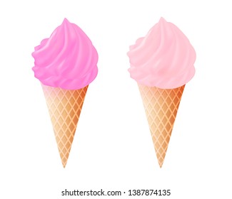 Ice cream, delicious summer dessert isolated on transparent background. Sweet waffle cone. Realistic cartoon style. Vector design elements.