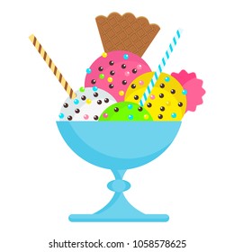 Ice cream delicious sweet frozen dessert. Fruit, chocolate creamy delicacy, in glaze, with fruit juice. Flat vector cartoon illustration. Objects isolated on a white background.