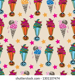 Ice Cream Delight-Sweet Dreams seamless repeat pattern illustration . 60 s style background in pink, blue,orange,green, red, and cream. Fun Pattern background.Perfect for fabric, scrapbook, wallpaper.