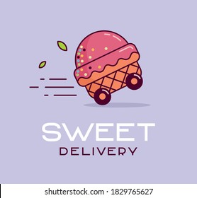 Ice cream delivery logo. Ice cream in a waffle on wheels goes fast.