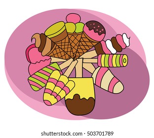 Ice cream design set. Cartoon free hand draw doodle vector illustration.