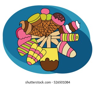 Ice cream design set. Cartoon free hand draw doodle vector illustration
