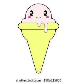 Ice cream design in a waffle cup isolated on white background. Comic character in kawaii style. Cartoon image with big eyes. Vector illustration.
