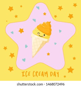 Ice cream design in a waffle cup on a beautiful background. Cartoon image with big eyes. Comic character in kawaii style. Vector illustration