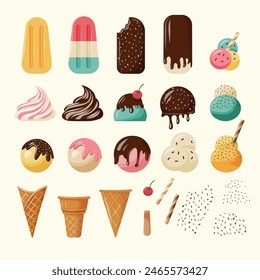 Ice cream designer. Various flavors, cones, toppings and toppings for making ice cream. Vanilla, chocolate ice cream, popsicles, popsicle, frozen juice. Set of vector dessert elements.