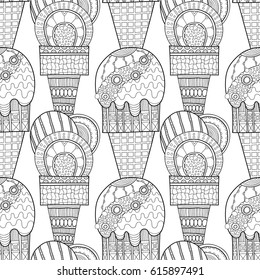 Ice cream, dessert. Black and white illustration for coloring book. Seamless decorative pattern. Vector