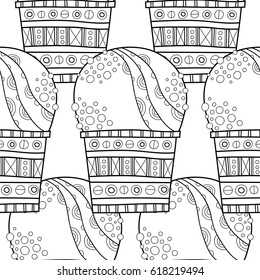 Ice cream, dessert. Black and white illustration for coloring book. Seamless decorative pattern. Vector
