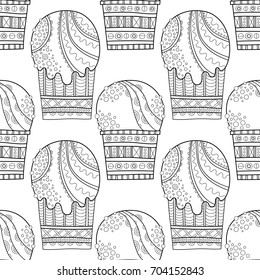 Ice cream, dessert. Black and white illustration for coloring book, pages. Seamless decorative pattern for design.