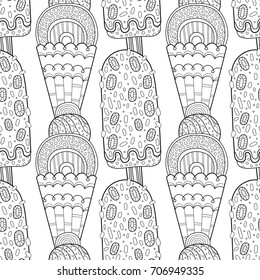 Ice cream, dessert. Black and white illustration for coloring book, pages. Seamless decorative pattern for design.