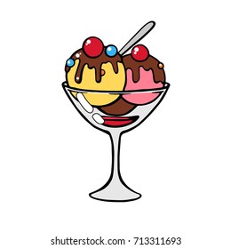 Ice cream dessert with caramel or chocolate. ice cream with nuts,sweet vanilla whipped cream and fruit ice. Vector illustration, lines on a white background