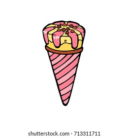 Ice cream dessert with caramel or chocolate. ice cream with nuts,sweet vanilla whipped cream and fruit ice. Vector illustration, lines on a white background
