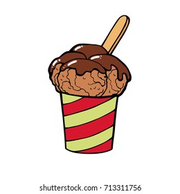Ice cream dessert with caramel or chocolate. ice cream with nuts,sweet vanilla whipped cream and fruit ice. Vector illustration, lines on a white background