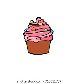 Ice cream dessert with caramel or chocolate. ice cream with nuts,sweet vanilla whipped cream and fruit ice. Vector illustration, lines on a white background
