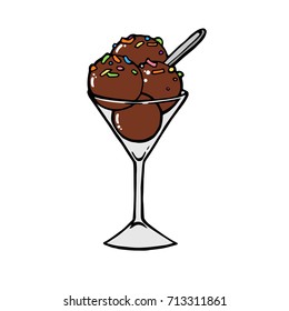 Ice cream dessert with caramel or chocolate. ice cream with nuts,sweet vanilla whipped cream and fruit ice. Vector illustration, lines on a white background
