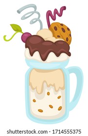 Ice cream dessert with chocolate and cookies, decorative leaves and straws. Isolated dish from restaurant or cafe, smoothie or beverage made of milk. Dairy products, scoop vector in flat style