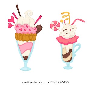 Ice cream dessert with cookies and waffles, isolated frozen tasty meal. Sweets with lollipop and chocolate mousse or topping, vanilla or strawberry filling. Gelato in restaurant. Vector in flat style