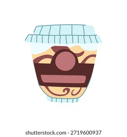 Empaquetado de la taza del postre del helado con una tapa plástica clara y una etiqueta en blanco personalizable, exhibiendo remolinos de ingredientes cremosos y marrones, convenientes para el diseño del producto alimenticio