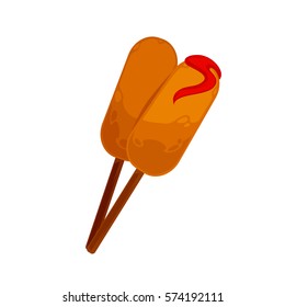 Ice cream dessert flat icon for fast food or gelateria cafe menu or sign. Isolated chocolate glaze eskimo pie. Vector illustration of sorbet or gelato sundae on stick with fruit jam syrup