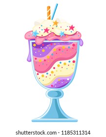 Ice cream dessert in a glass cup. Fruit sweet dessert with wafer straws. Flat vector illustration isolated on white background.