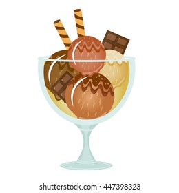 Ice cream dessert in a glass cup. Milk shake with chocolate flavor. Vector illustration.
