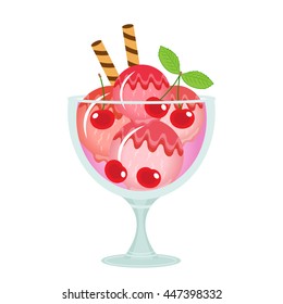Ice cream dessert in a glass cup. Milk cocktail with cherry taste. Vector illustration.
