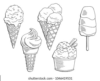 Ice cream dessert graphic black white isolated set sketch illustration vector