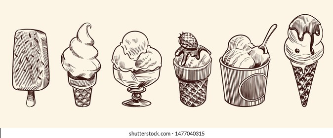 Ice cream dessert. Hand drawn black engraved vintage sweet delicious in bowl for restaurant isolated sketch vector vanilla drawing sundae icecream set