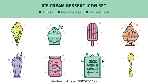 Ice Cream Dessert Icon Set Featuring Waffle Cone Popsicle Sundae Milkshake and Sweet Treat Symbols
