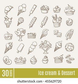 Ice Cream and Dessert infographic line icons set. Ice cream and sweets  vector icons. Summer food icons. 