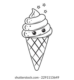 Ice cream dessert kawaii in a waffle cup, black outline, vector illustration in doodle style