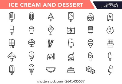 Ice cream and dessert linear icon set. Popsicle, cone ice cream, frozen yogurt, vanilla, chocolate, waffle cone, gelato, parfait, milkshake, outline vector icon set. UI thin line icon pack.