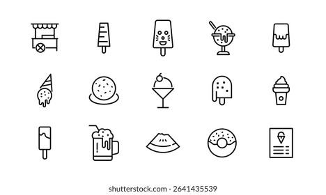 Ice cream and dessert linear icon set. Popsicle, cone ice cream, frozen yogurt, vanilla, chocolate, waffle cone, gelato, parfait, milkshake, outline vector icon set. UI thin line icon pack.