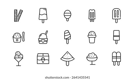 Ice cream and dessert linear icon set. Popsicle, cone ice cream, frozen yogurt, vanilla, chocolate, waffle cone, gelato, parfait, milkshake, outline vector icon set. UI thin line icon pack.