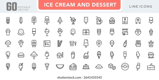 Ice cream and dessert linear icon set. Popsicle, cone ice cream, frozen yogurt, vanilla, chocolate, waffle cone, gelato, parfait, milkshake, outline vector icon set. UI thin line icon pack.