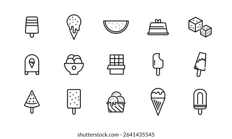 Ice cream and dessert linear icon set. Popsicle, cone ice cream, frozen yogurt, vanilla, chocolate, waffle cone, gelato, parfait, milkshake, outline vector icon set. UI thin line icon pack.