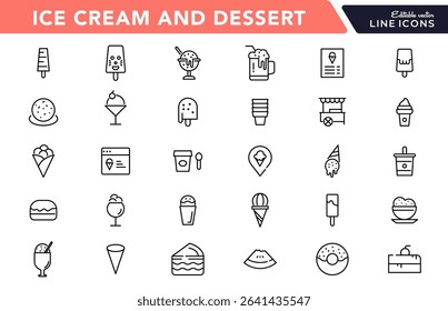 Ice cream and dessert linear icon set. Popsicle, cone ice cream, frozen yogurt, vanilla, chocolate, waffle cone, gelato, parfait, milkshake, outline vector icon set. UI thin line icon pack.