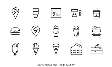 Ice cream and dessert linear icon set. Popsicle, cone ice cream, frozen yogurt, vanilla, chocolate, waffle cone, gelato, parfait, milkshake, outline vector icon set. UI thin line icon pack.