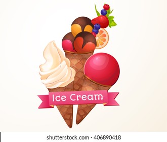 Ice cream, ice, dessert. menu design, logo, packaging.