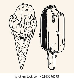 Ice cream dessert monochrome element vintage children's treat for beach party ice cream in cone and on stick vector illustration