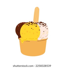 Ice cream dessert in paper bowl three gelato balls topped by chocolate. Vector refreshing summer dessert, ice-cream fastfood snack, sweet food
