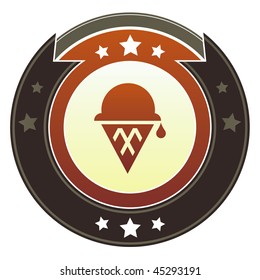 Ice cream, dessert, or party icon on round red and brown imperial vector button with star accents