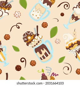 Ice cream dessert served with donut and chocolate topping, leaves and cookies. Menu of gelateria, restaurant or cafe, dinner or shop. Seamless pattern, background or print, vector in flat style
