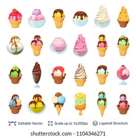 Ice cream dessert set. 24 items isolated on white. Easy to edit and recolor vector label.