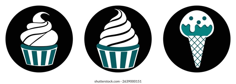 Ice cream dessert sweet cone swirl frozen summer snack dairy scoop cold treat graphic creamy food tasty flavor vector set icon.