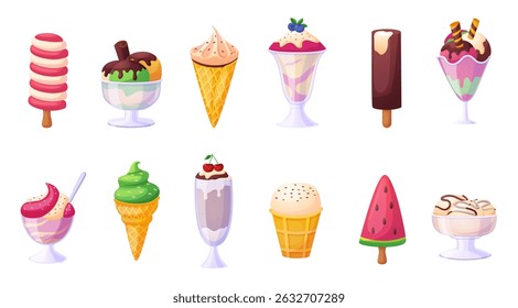 Sobremesa de sorvete. Comida cremosa doce em cones de waffle e tigelas de vidro com diferentes coberturas, bagas, doces. Verão deliciosos picolés, hoje em dia clipart vetor