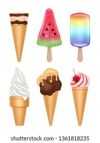 Ice cream dessert. Vanilla fruit chocolate ice cream in cone different toppings vector realistic pictures