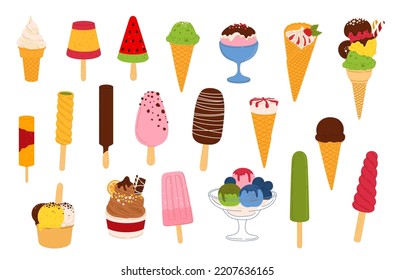 Ice cream dessert, vector food. Summer ice cream waffle cones with chocolate and vanilla scoops, strawberry sundae in glass and paper cups, frozen fruit sorbet, milk yogurt sticks and fruit ice lolly