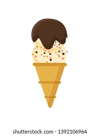 Ice cream dessert vector, freezing creamy food isolated gelato with tasty flavoured crisps and chocolate topping, meal for hot summer day crispy cone