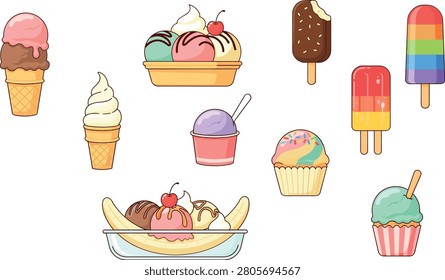 Ice Cream Dessert Vector Icon Set Featuring Waffle Cones Banana Split Sundae Cupcakes Popsicles Rainbow Ice Pop and Sundae Boat for Summer Café Graphic Designs.eps